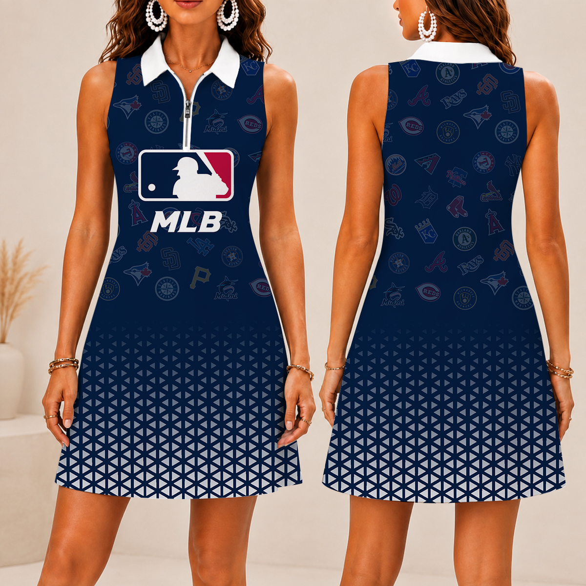 LIMITED EDITION - NEW CUSTOMIZED MLB32 ALL TEAMS WOMEN'S ZIP SLEEVELESS POLO DRESS