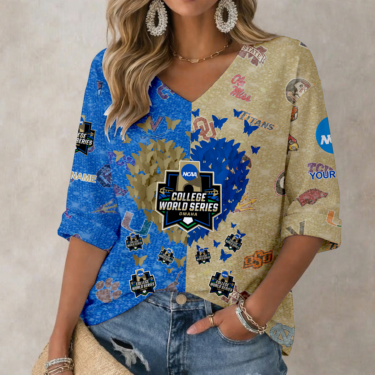 LIMITED DROP - NEW CUSTOMIZED | NCAA CWS32 CWS ALL TEAMS WOMEN'S HEART V-NECK LONG SLEEVE SHIRT
