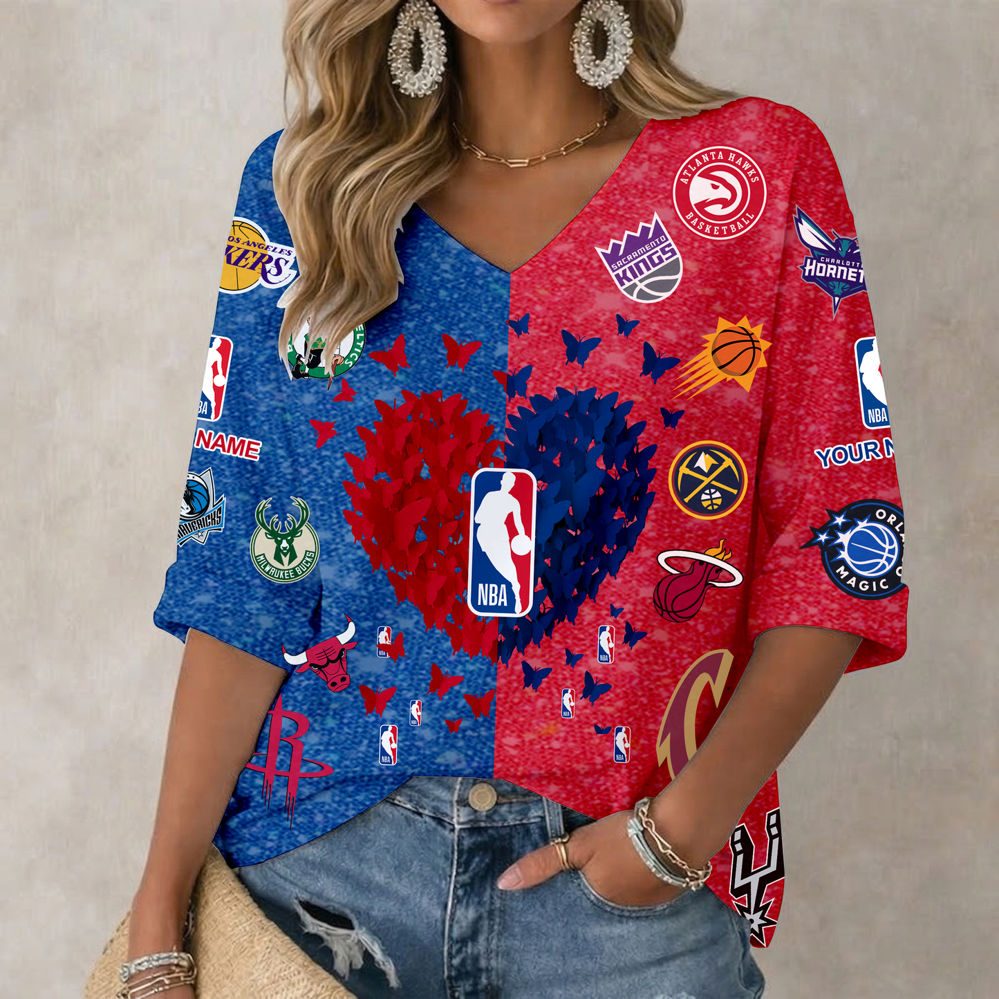 FINAL SALE - NEW CUSTOMIZED NBA32 NBA ALL TEAMS WOMEN'S HEART V-NECK LONG SLEEVE SHIRT