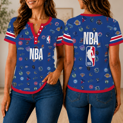 LIMITED EDITION - NEW CUSTOMIZED NBA32 ALL TEAMS  WOMEN'S SHORT SLEEVE HENLEY T-SHIRT