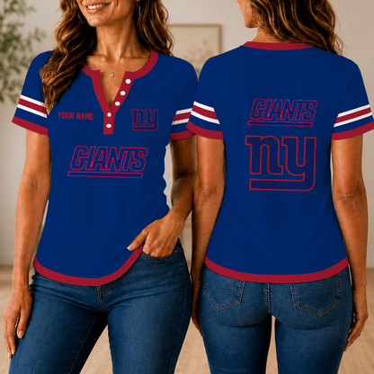 LIMITED EDITION - NEW CUSTOMIZED NFL32 NYG NEW YORK GIANTS WOMEN'S SHORT SLEEVE HENLEY T-SHIRT