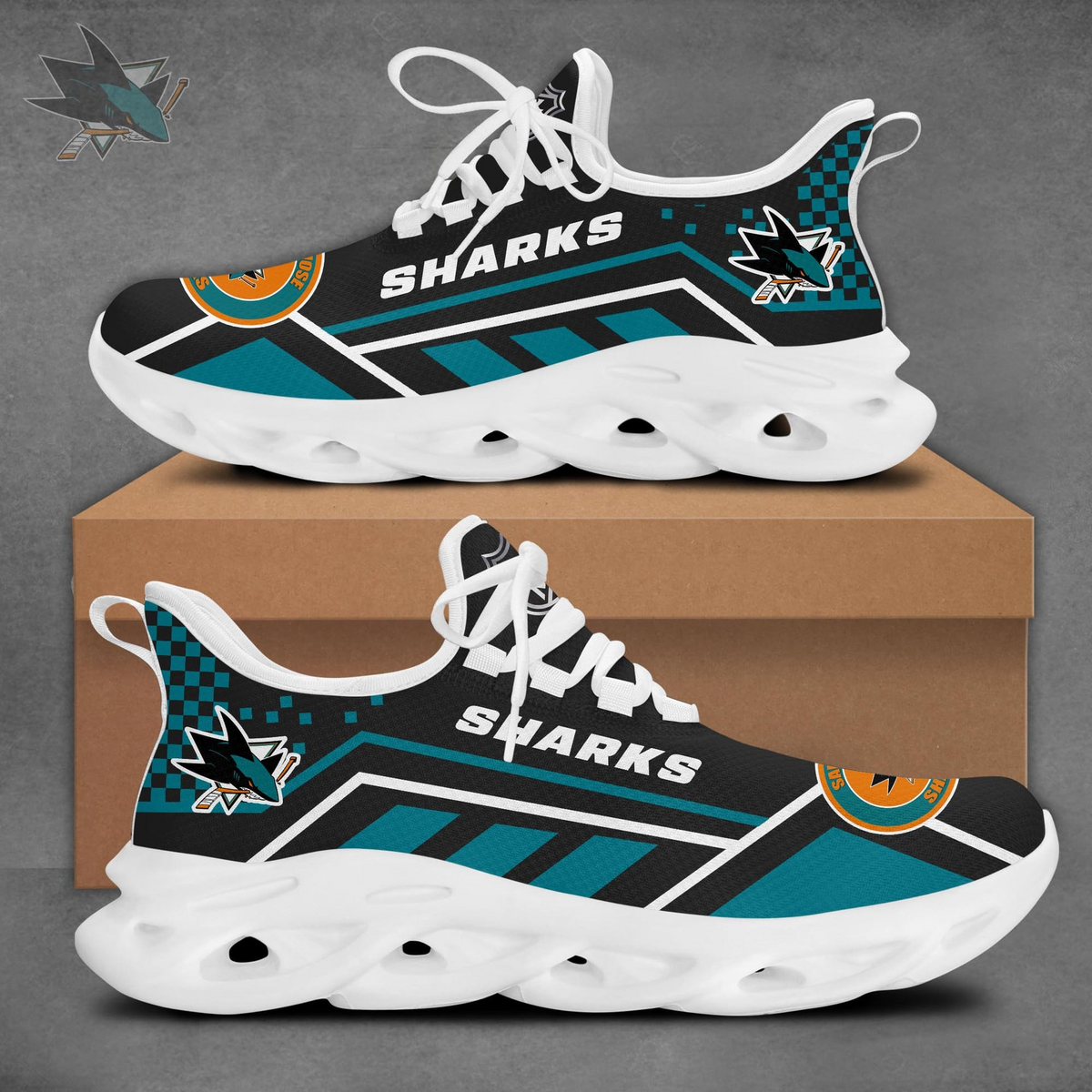 LIMITED EDITION - NEW CUSTOMIZED NHL32 SJS SAN JOSE SHARKS CLUNKY SNEAKERS