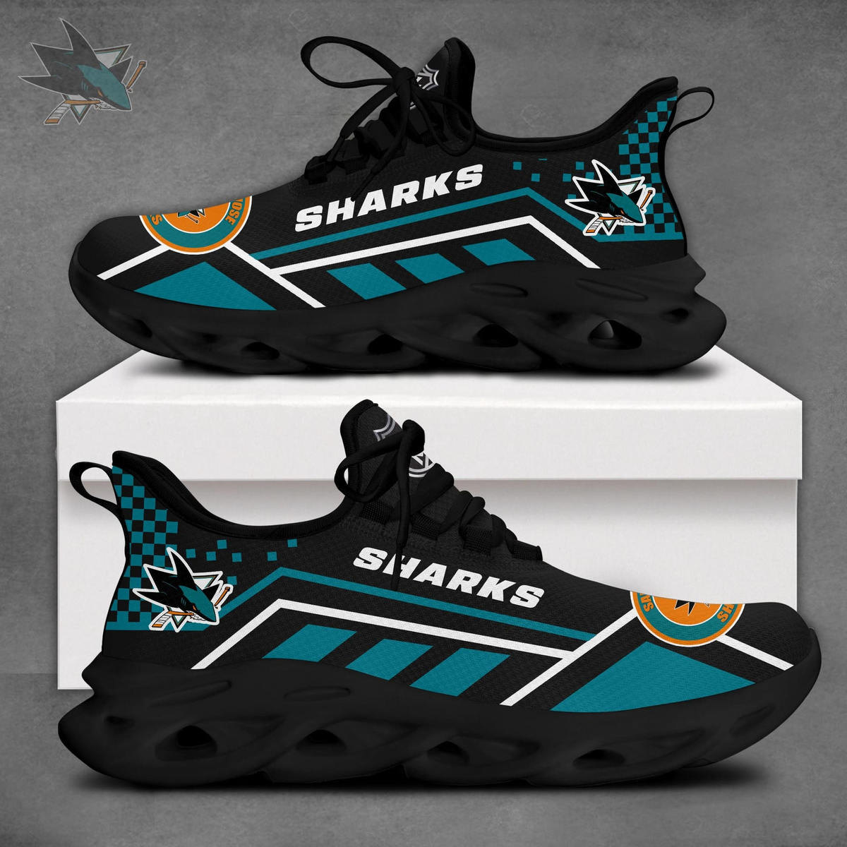 LIMITED EDITION - NEW CUSTOMIZED NHL32 SJS SAN JOSE SHARKS CLUNKY SNEAKERS