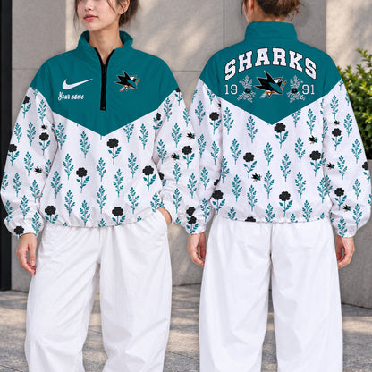 SPECIAL EDITION - NEW CUSTOMIZED NHL32 SJS SAN JOSE SHARKS V-NECK ZIPPER SWEATSHIRT JACKET