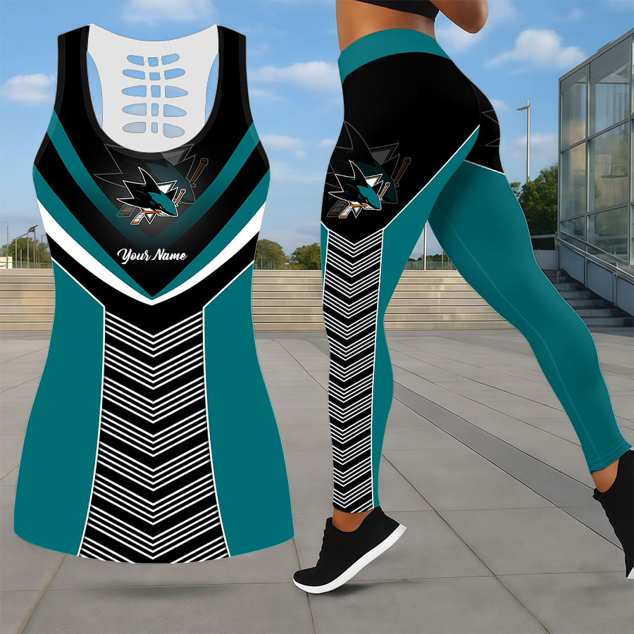 LIMITED EDITION - NEW CUSTOMIZED NHL32 SJS SAN JOSE SHARKS LEGGINGS & HOLLOW TANK TOP SET
