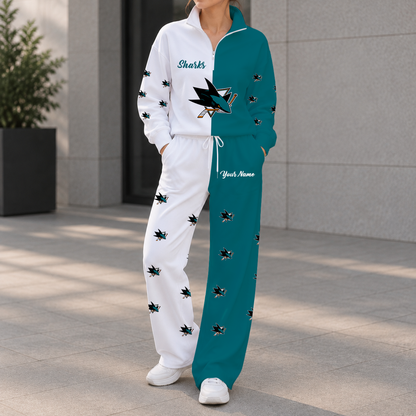 LIMITED EDITION - NEW CUSTOMIZED NHL32 SJS SAN JOSE SHARKS ZIPPER SWEATSHIRT & WIDE LEG PANTS SET