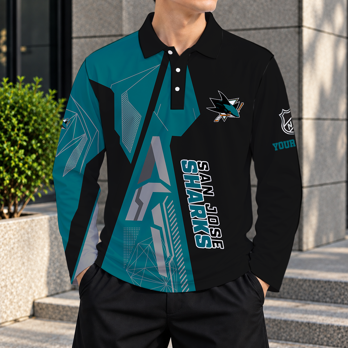 LIMITED DROP - NEW CUSTOMIZED NHL32 SJS SAN JOSE SHARKS MEN LONG SLEEVE POLO