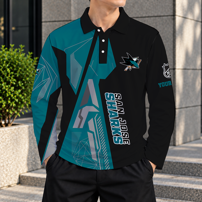 LIMITED DROP - NEW CUSTOMIZED NHL32 SJS SAN JOSE SHARKS MEN LONG SLEEVE POLO