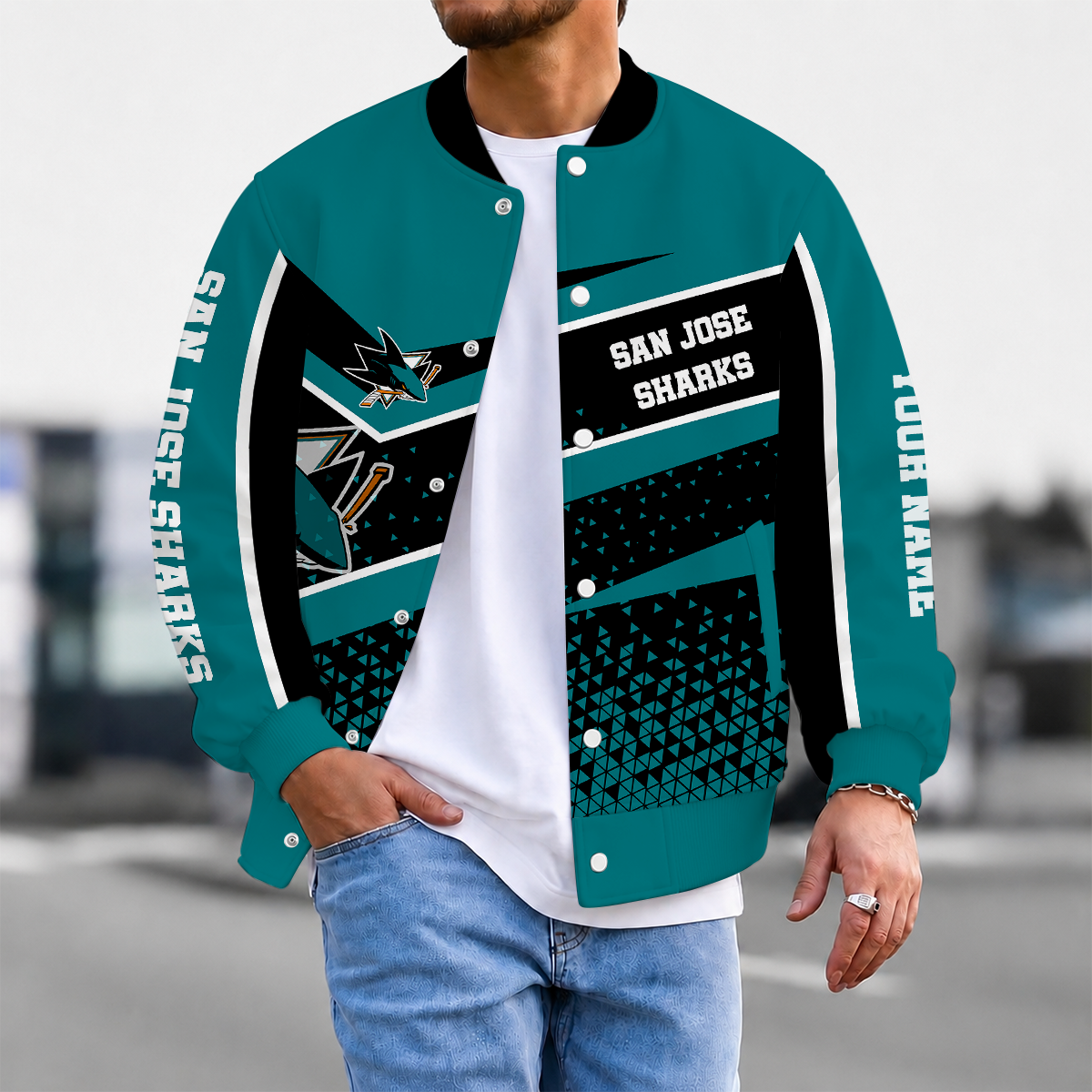 LIMITED EDITION - NEW CUSTOMIZED NHL32 SJS SAN JOSE SHARKS SATIN VARSITY JACKET & BASEBALL JACKET