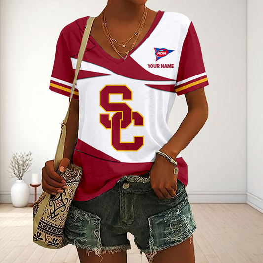 VIRAL EDITON - NEW CUSTOMIZED FBS NCAA32 USC USC TROJANS V-NECK FEMALE SHIRT