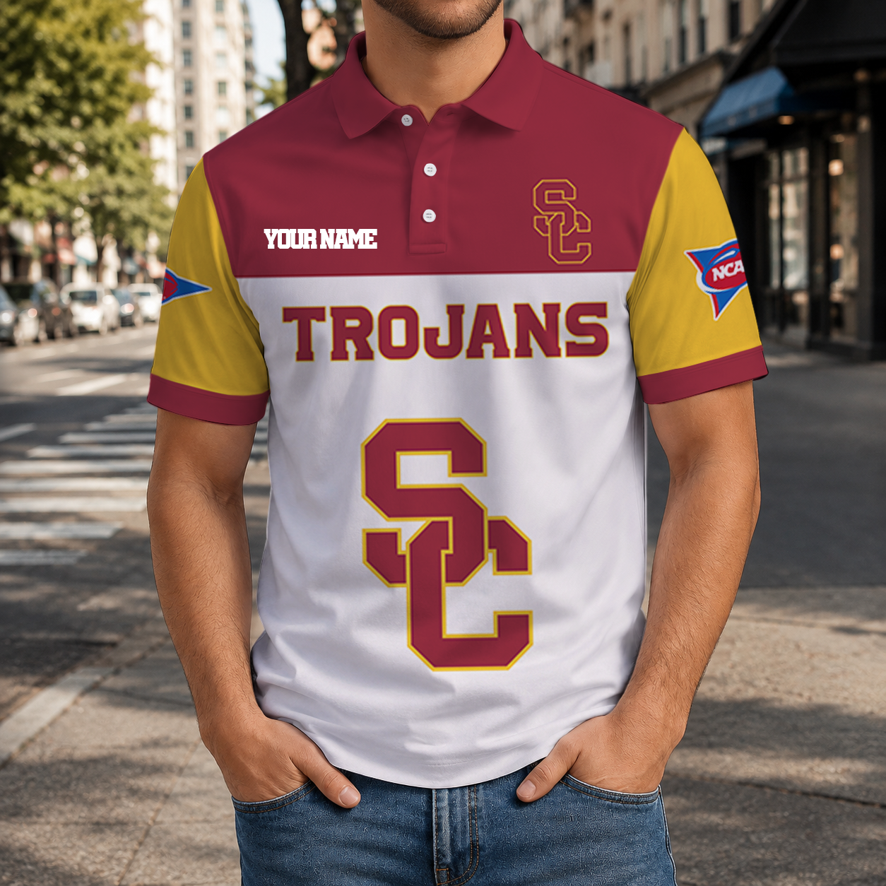 ELITE EDITION- NEW CUSTOMIZED NCAA FBS32 USC USC TROJANS POLO SHIRT, ZIP POLO SHIRT & T-SHIRTS