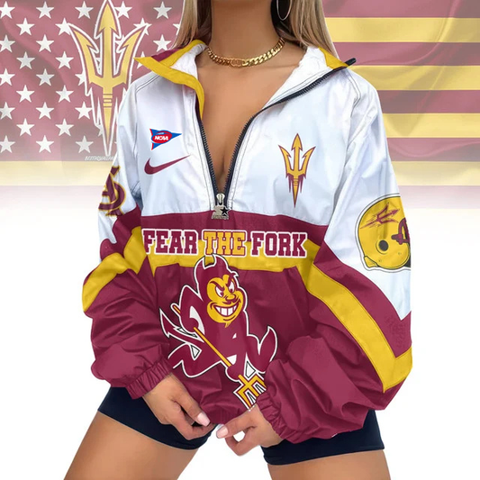 LIMITED EDITION - NEW CUSTOMIZED FBS NCAA04 ASS AS SUN DEVILS V-NECK ZIPPER SWEATSHIRT JACKET