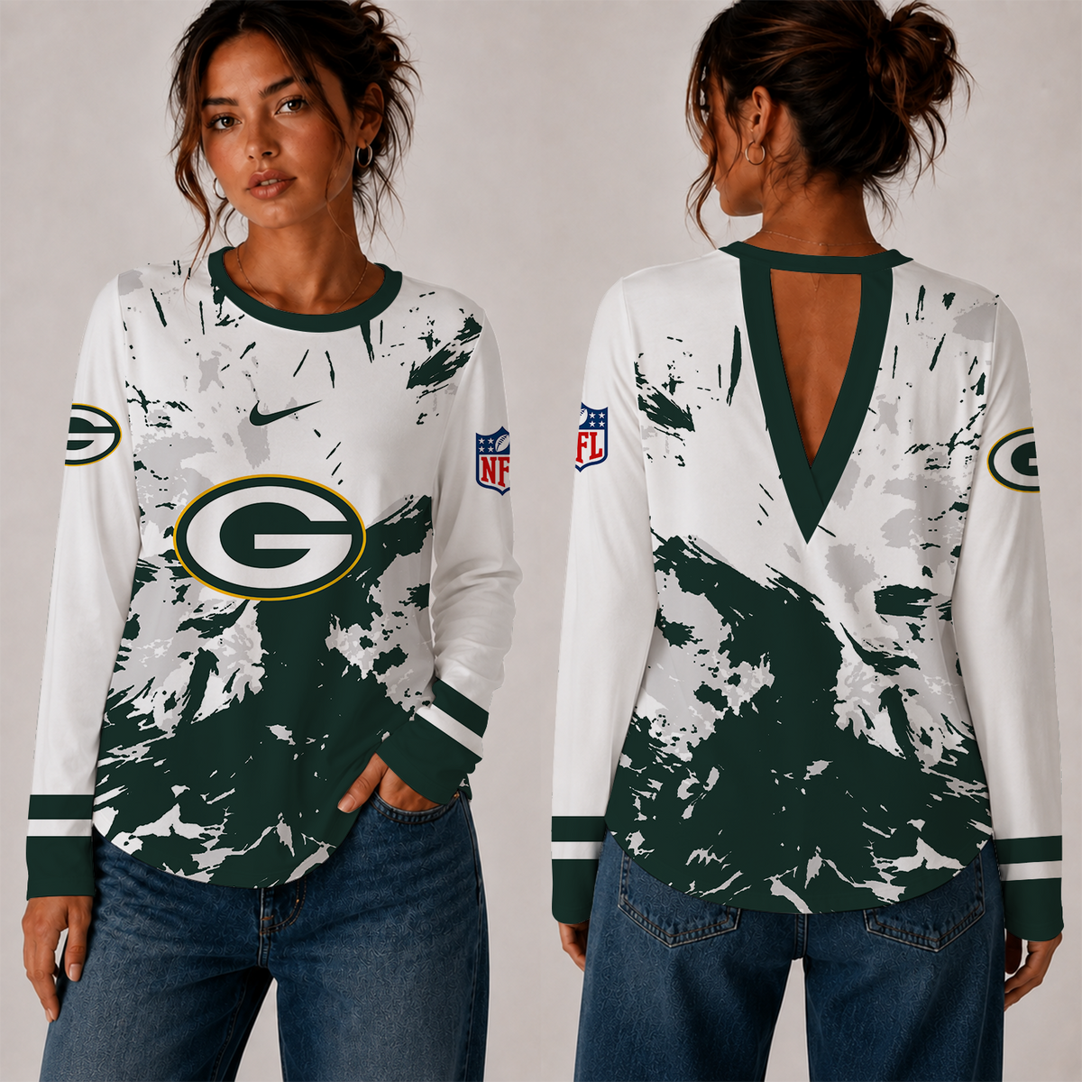 [SPECIAL OFFER] NEW CUSTOMIZED NFL08 GBP GREEN BAY PACKERS WOMEN'S BACK V-CUT LONG-SLEEVE SHIRT