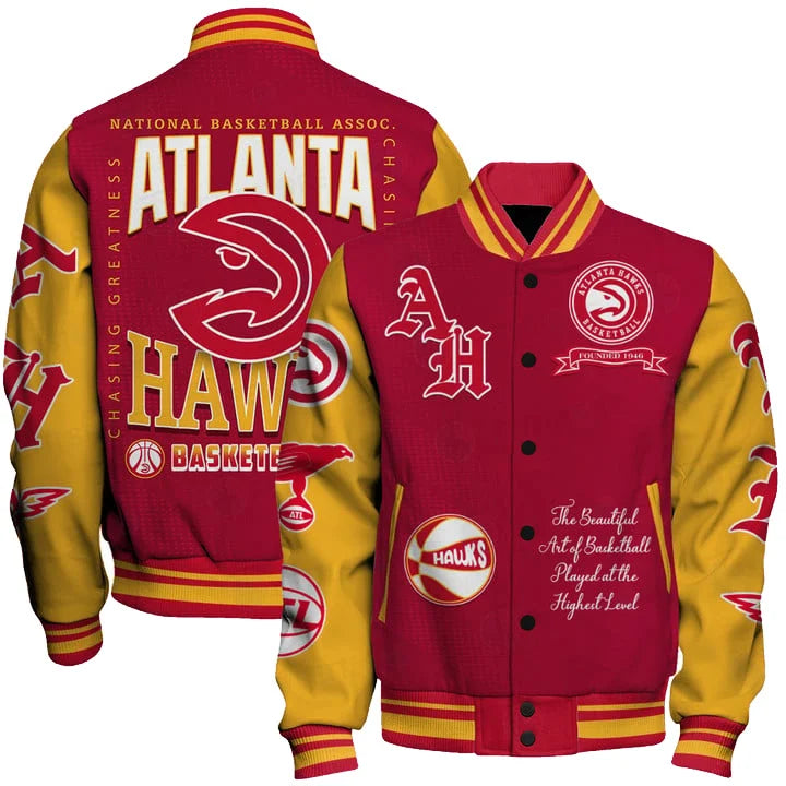FINAL SALE - NEW CUSTOMIZED NBA17 AHA ATLANTA HAWKS BASEBALL JACKET, SATIN VARSITY JACKET