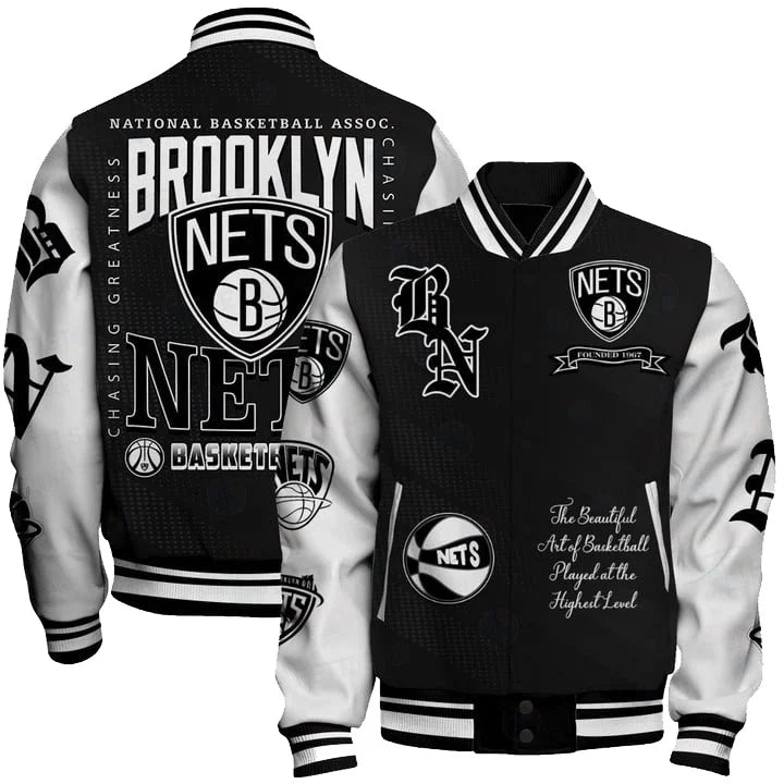 FINAL SALE - NEW CUSTOMIZED NBA25 BNE BROOKLYN NETS BASEBALL JACKET, SATIN VARSITY JACKET