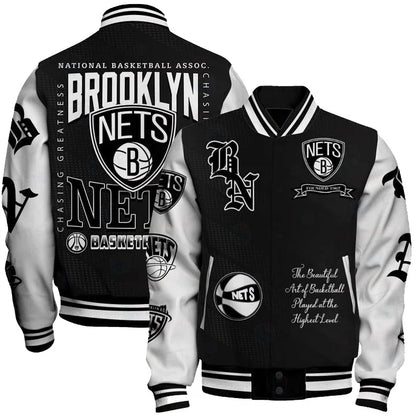 FINAL SALE - NEW CUSTOMIZED NBA25 BNE BROOKLYN NETS BASEBALL JACKET, SATIN VARSITY JACKET