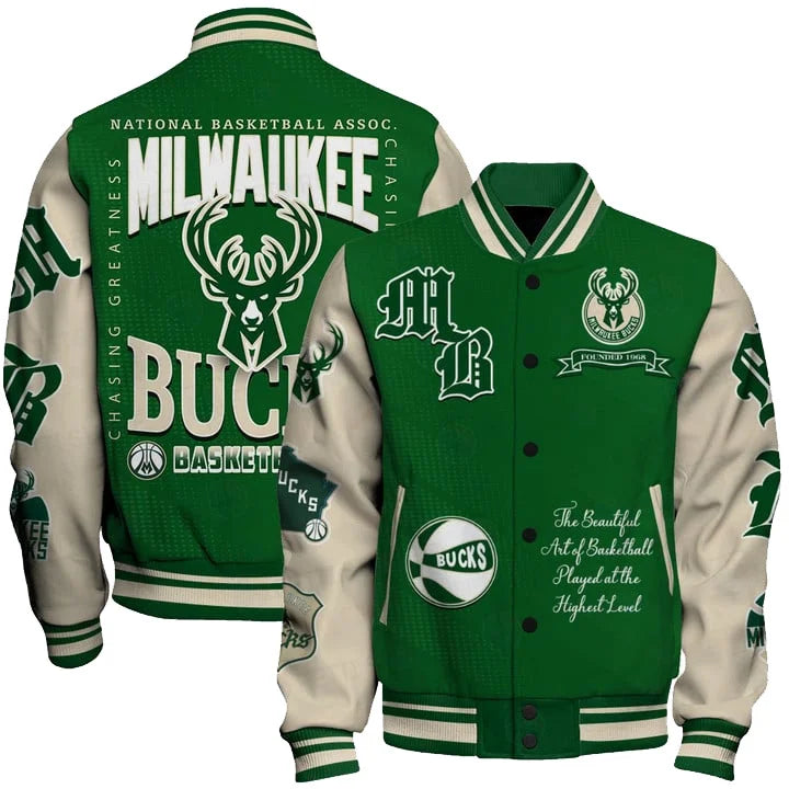 FINAL SALE - NEW CUSTOMIZED NBA11 MBU MILWAUKEE BUCKS BASEBALL JACKET, SATIN VARSITY JACKET