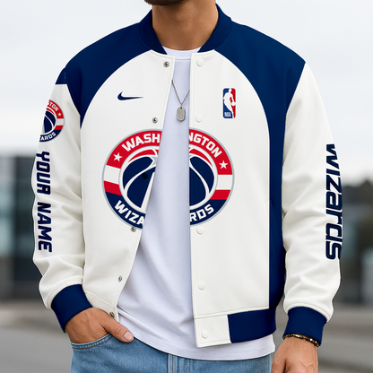FINAL SALE - NEW CUSTOMIZED NBA28 WW WASHINGTON WIZARDS BASEBALL JACKET, SATIN VARSITY JACKET