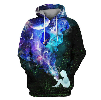 Gearhumans the girl reading book with planets Custom - Personalized 3D Printed Hoodie, T Shirt, Zip Hoodie & Sweatshirt